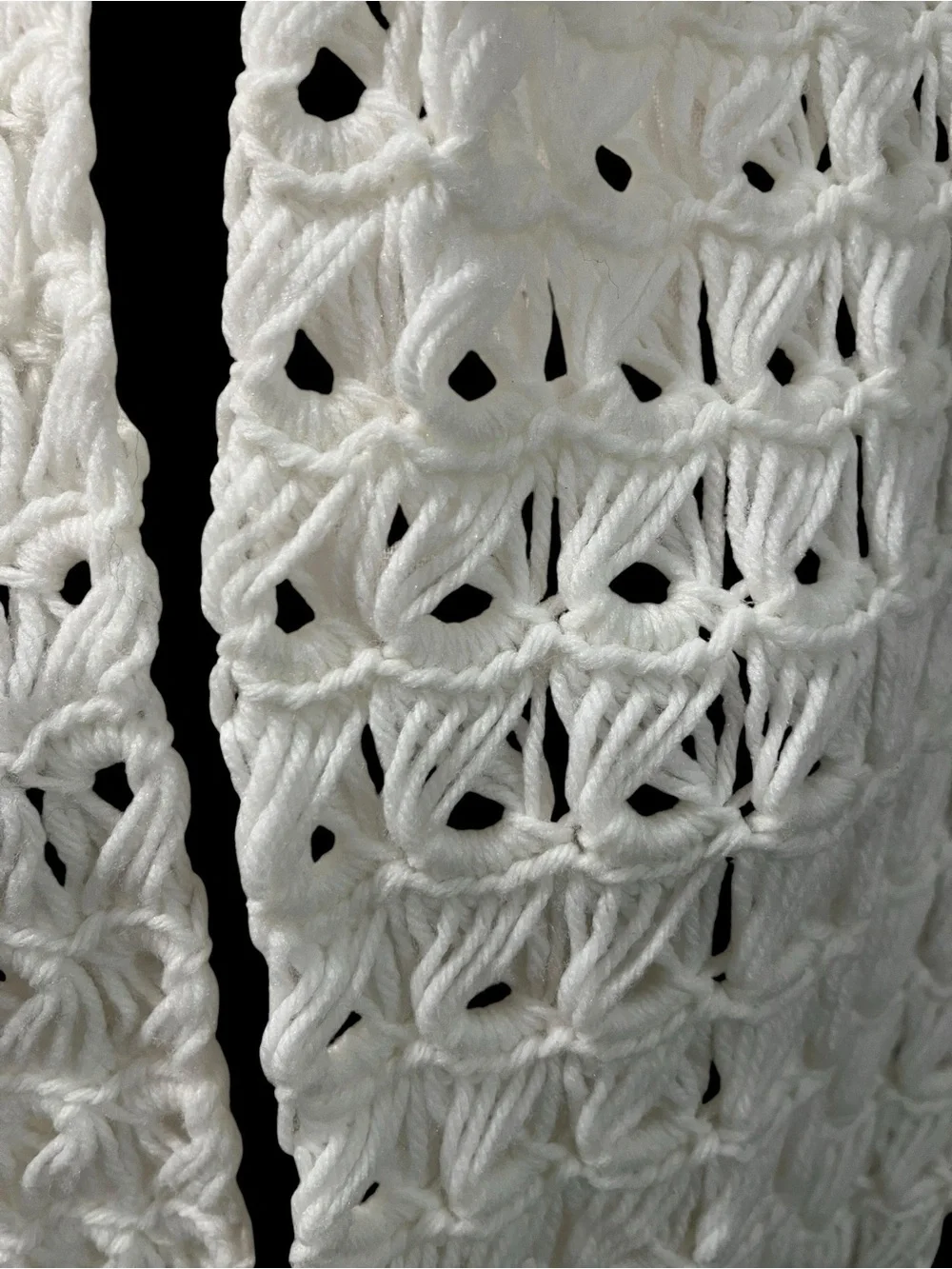 Vintage Hand Crochet Shawl Wrap Open Knit White Fringe